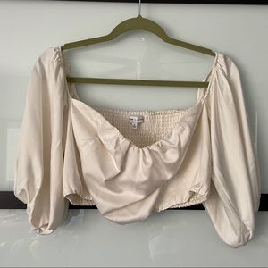Express Cream Satin Puff-Sleeve Cropped Blouse